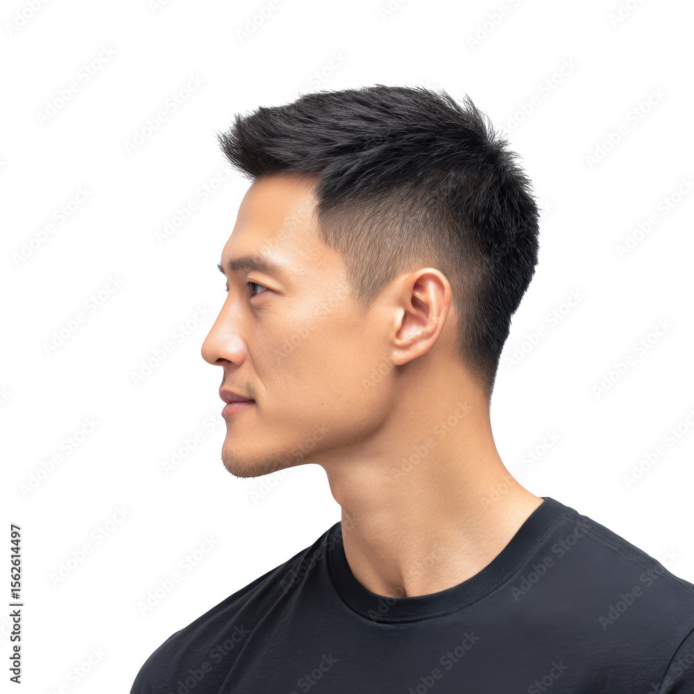 Obraz premium A young man with a stylish haircut gazes thoughtfully to the side. set against a clean. minimalist background that enhances his profile. ideal for lifestyle or fashion-related content