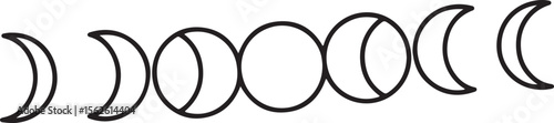 simple black outline illustration depicting the various phases of the moon in a linear sequence, from crescent to full and back to crescent