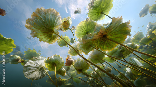 4k underwater upward shot of lotus leaves and sky background