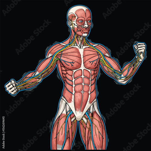 An illustration of the human muscular and nervous systems, with muscles depicted in red and nerves in yellow and blue, highlighting a strong, flexing pose.