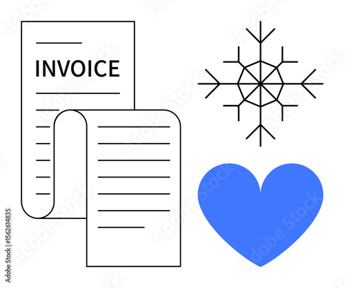 Paper invoice with clear text, a blue heart symbolizing care, and a detailed snowflake. Ideal for business services, emotions, winter, billing, customer care themes, digital services simple landing