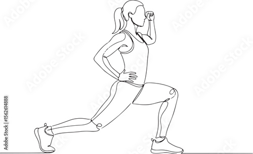 A powerful and minimalist one-line art illustration of a woman performing a lunge exercise