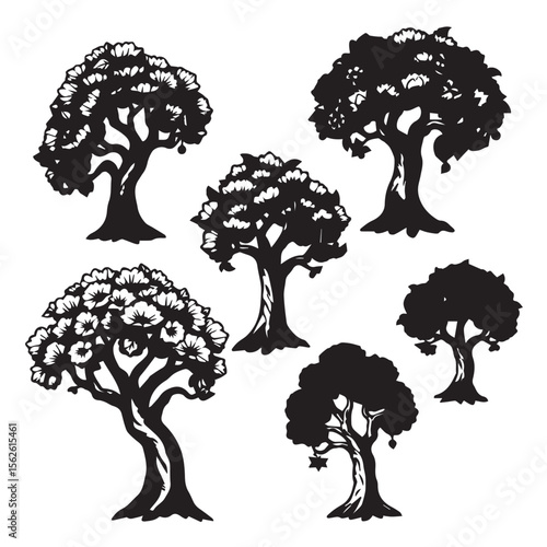 Collection of stylized black silhouette trees with detailed branches and foliage on a white background