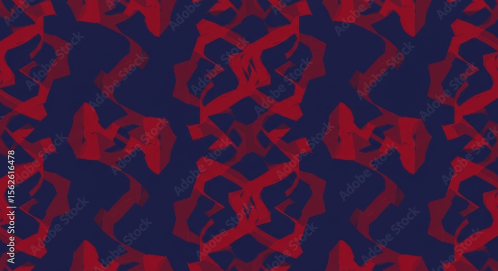 Abstract Shapes Seamless Pattern, Red Geometric Forms on Blue Background