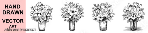 Detailed hand drawn vector illustration of flower bouquet in vase, classic botanical arrangement for decor, wedding, packaging, tattoo, cards and digital design.