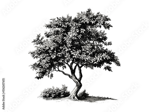 Vintage hand-drawn engraving of Sandalwood Tree, botanical sketch, sandalwood bark, tropical nature tree, eco-friendly tree art, retro black sketch, old engraving style, natural wood texture