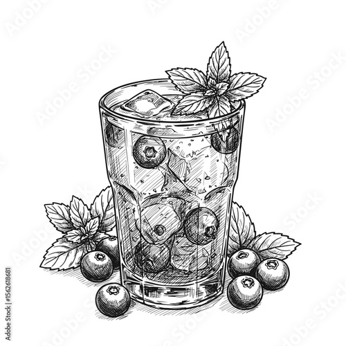 Blueberry Mint Cooler Drink. Refreshing beverage in glass with ice and mint, black and white sketch style, summer drinks, healthy lifestyle, culinary blogs, bar menus