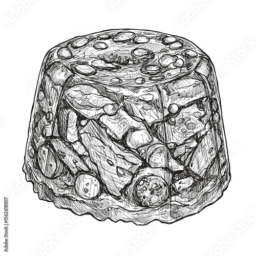 Pâté Dish Illustration. Rich terrine with various meats and ingredients, black and white sketch style, food icons, appetizer, culinary art, gourmet spread