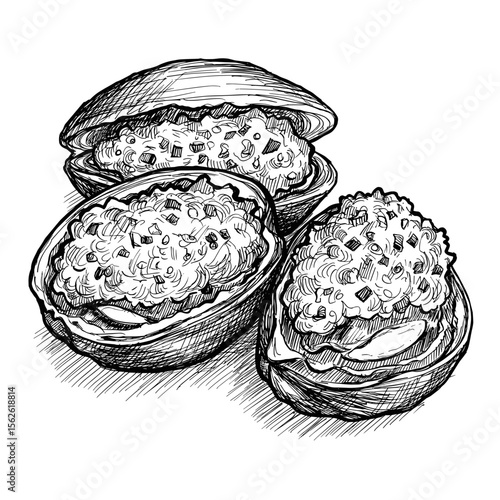Stuffed clams presented in artistic sketch style  
