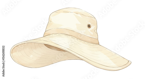 Watercolor illustration of a wide brimmed sun hat with a neutral color palette