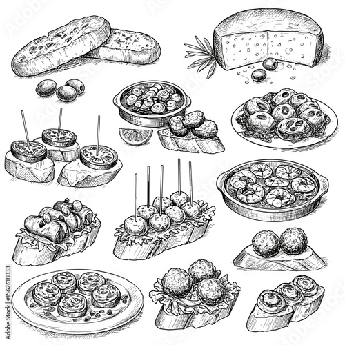 Tapas Assortment Sketch. Variety of Spanish small dishes, black and white hand-drawn illustration, food icons, bar snacks, appetizer variety, event catering
