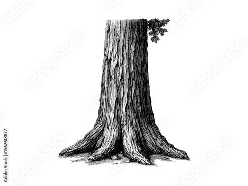 Sequoia Tree Trunk vintage engraving, botanical illustration, rustic woodland sketch, eco-friendly nature print, retro tree decor, detailed sequoia bark drawing, black and white art, forest art print