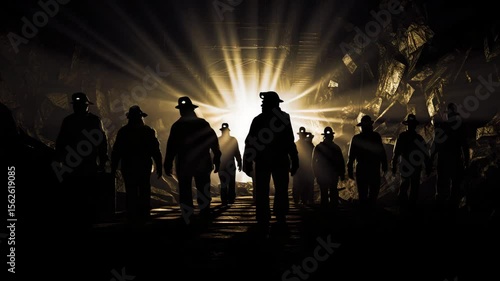 Gen-4 Turbo A banner depicting mining operations showcases the dramatic silhouette of miners wearing headlamps as they descend into an underground coal mine, set against a dimly lit backdrop to convey