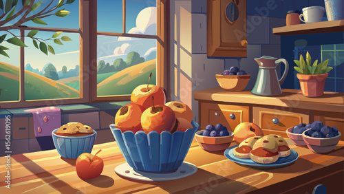 A sunny kitchen corner shows blueberry muffins and a bowl of cottage cheese with peaches, with warm wood tones and a gentle breeze from a nearby open window.