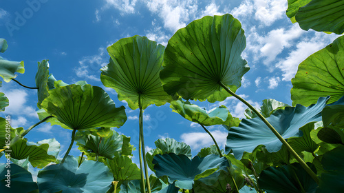 4k underwater upward shot of lotus leaves and sky background