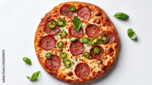 Spicy salami pizza with chili flakes, jalapeno slices, and basil leaves, perfect for bold menu covers, food blogs, or party flyers