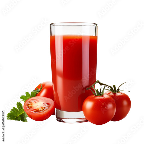 Fresh Tomato Juice in Glass with Whole and Sliced Tomatoes – Healthy Red Vegetable Beverage Isolated on Transparent Background