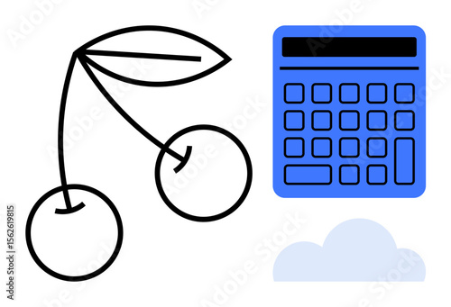 Blue calculator, outlined cherry pair with leaf, and soft cloud blend natural and logical elements. Ideal for innovation, productivity, creativity, contrast, balance ideas and integration. Flat