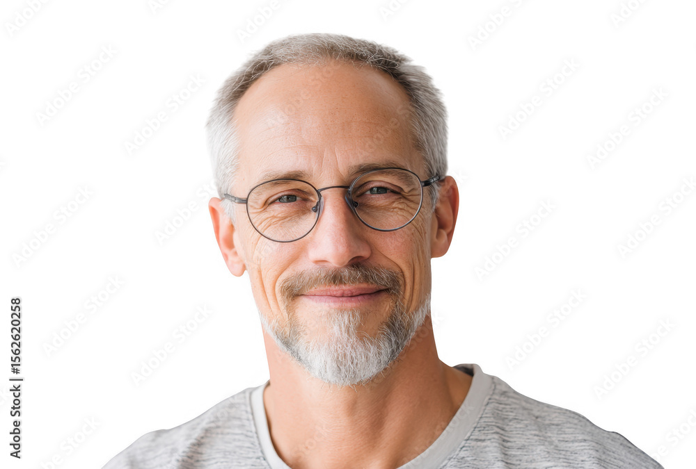Obraz premium A middle-aged man with glasses and a friendly smile poses against a light gray background. exuding confidence and approachability. ideal for professional or personal branding purposes