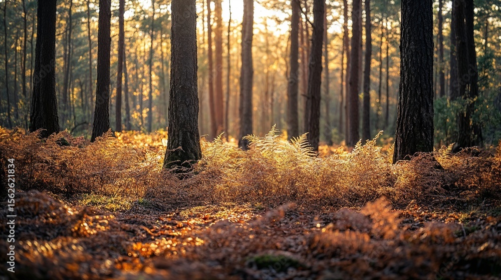 Fototapeta premium Sunlight filtering through trees in forest with ferns at dusk 
