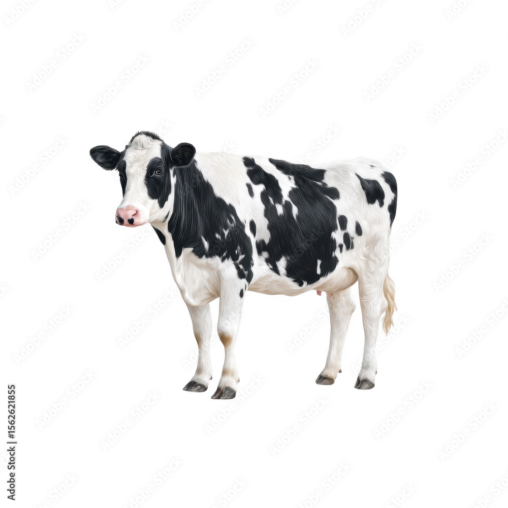A realistic illustration of a black and white dairy cow standing against a plain background. showcasing its features in a serene farm setting. ideal for agricultural or animal-related content A realistic illustration of a black and white dairy cow standing against a plain background. showcasing its features in a serene farm setting. ideal for agricultural or animal-related content