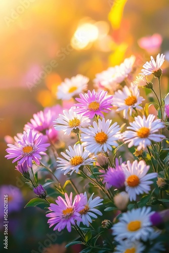Vibrant colorful daisies blooming in the sunlight with lush green foliage in a natural outdoor garden scene du warm weather