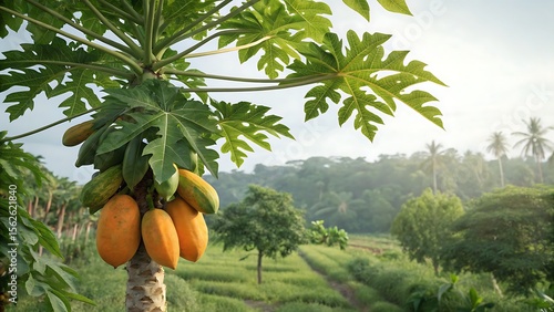 Papaya tree with ripening fruit in a tropical rural landscape