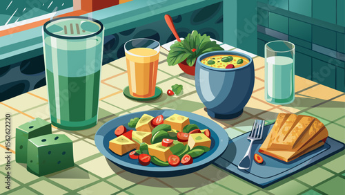 A clean marble table holds tofu scramble with bell peppers and spinach, served with a green smoothie, in a vegan and tranquil breakfast setting with muted tones and soft lighting.