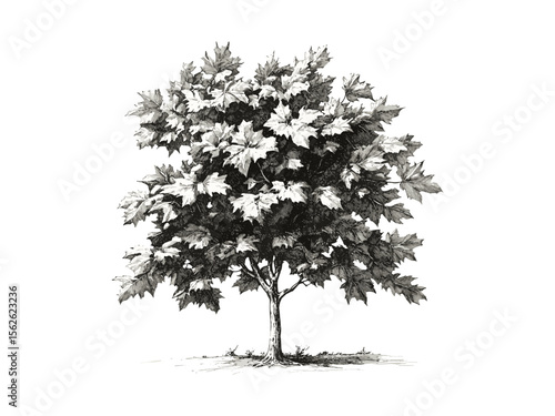 Rustic vintage tree sketch, hand-drawn sycamore leaves, eco-friendly botanical art, woodland decor, nature engraving, old style tree print, forest line art, trendy minimalist wall decor,