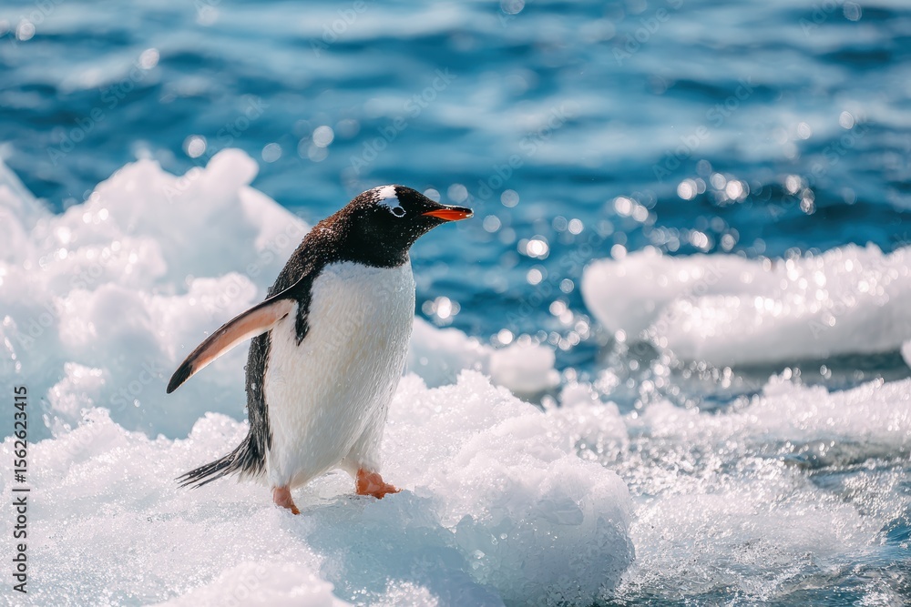 Fototapeta premium A solitary penguin stands proudly on a floating iceberg surrounded by the shimmering blue waters of the ocean, capturing a serene moment in the wild.