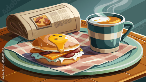 A cozy breakfast nook offers breakfast sandwich with egg, bacon, and cheddar on an English muffin, placed next to a folded newspaper and a cappuccino in a stoneware mug.