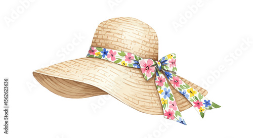Watercolor straw hat with floral ribbon, summer fashion accessory illustration