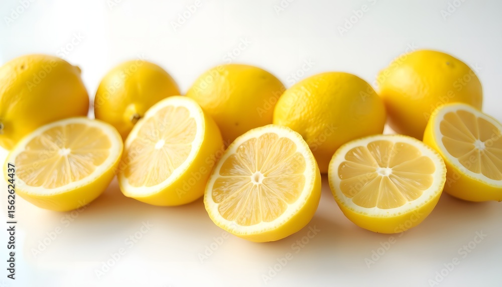 fresh whole lemons and halved lemons arranged neatly on a clean white background fresh whole lemons and halved lemons arranged neatly on a clean white background