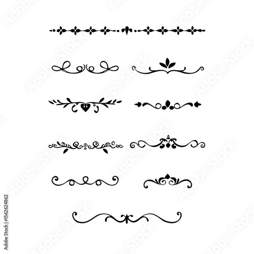 Text dividers doodle set. Wedding decorative elements. Divider ornament, borders, vintage line separators. Hand drawn vector illustration isolated on white background