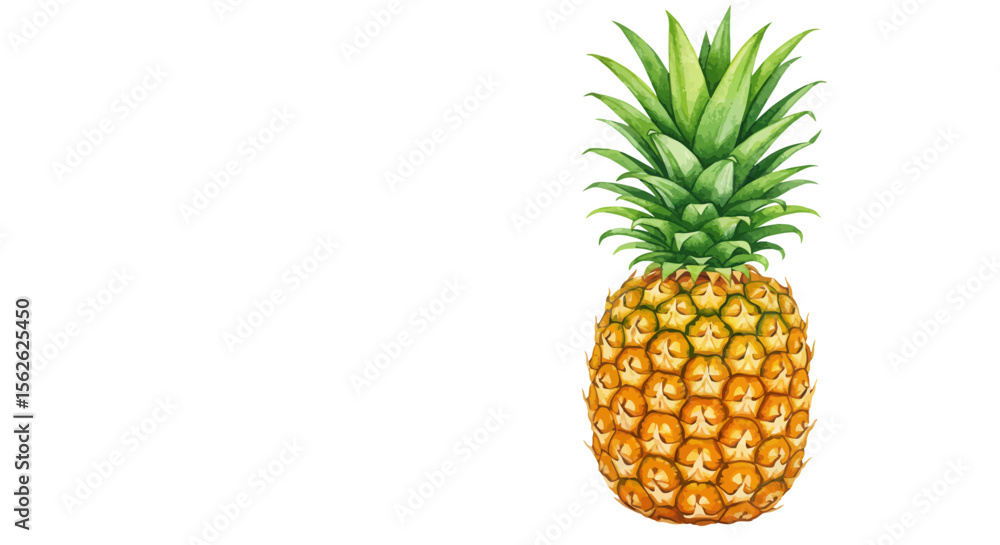 Fototapeta premium Watercolor Illustration of a Ripe Pineapple with Green Leaves on White Background