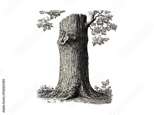 Old engraving style of Sycamore Tree Trunk, hand-drawn botanical sketch, vintage tree bark, retro eco nature art, rustic woodland print, antique botanical tree drawing,