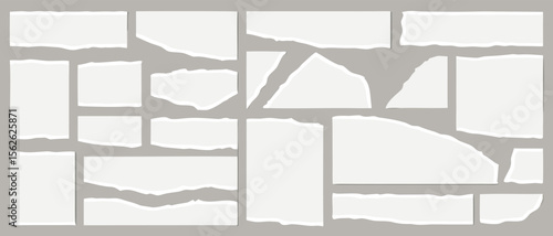 Big set of white torn paper sheet, ripped notebook page, retro texture background, text message banner, sticky note and grunge notebook page collage with uneven edge and realistic shadow.