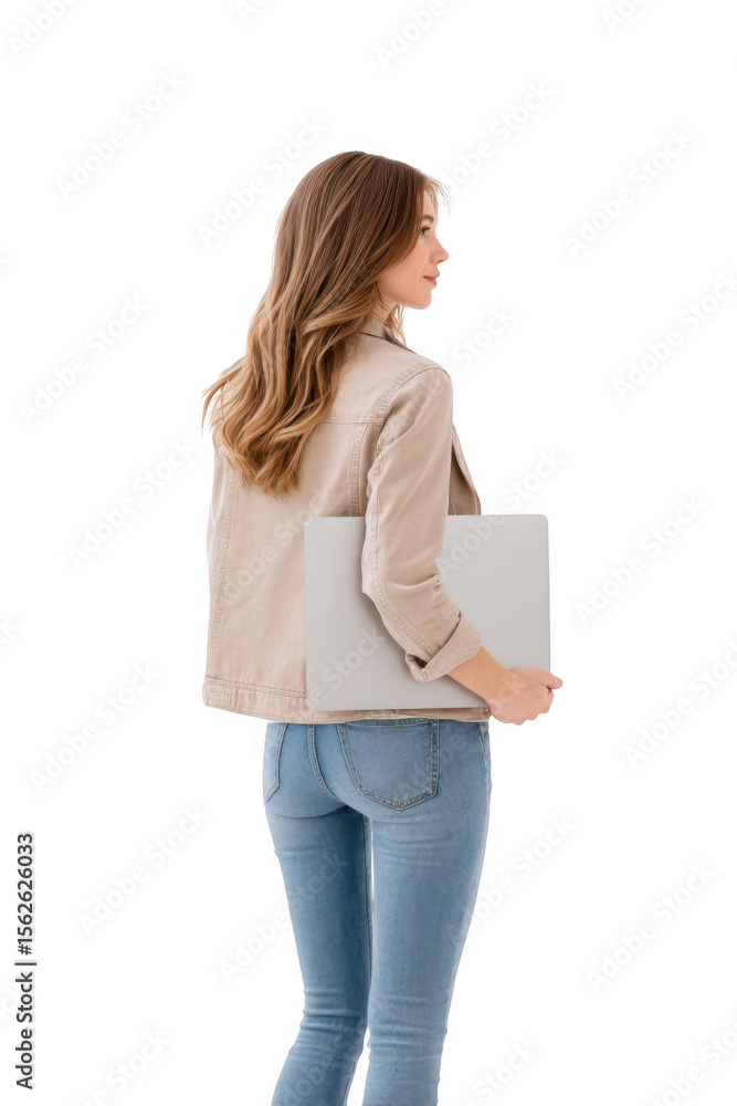 A young woman stands confidently while holding a laptop in a bright. minimalist studio. showcasing modern technology use and a casual fashion style. perfect for lifestyle and tech-related content A young woman stands confidently while holding a laptop in a bright. minimalist studio. showcasing modern technology use and a casual fashion style. perfect for lifestyle and tech-related content