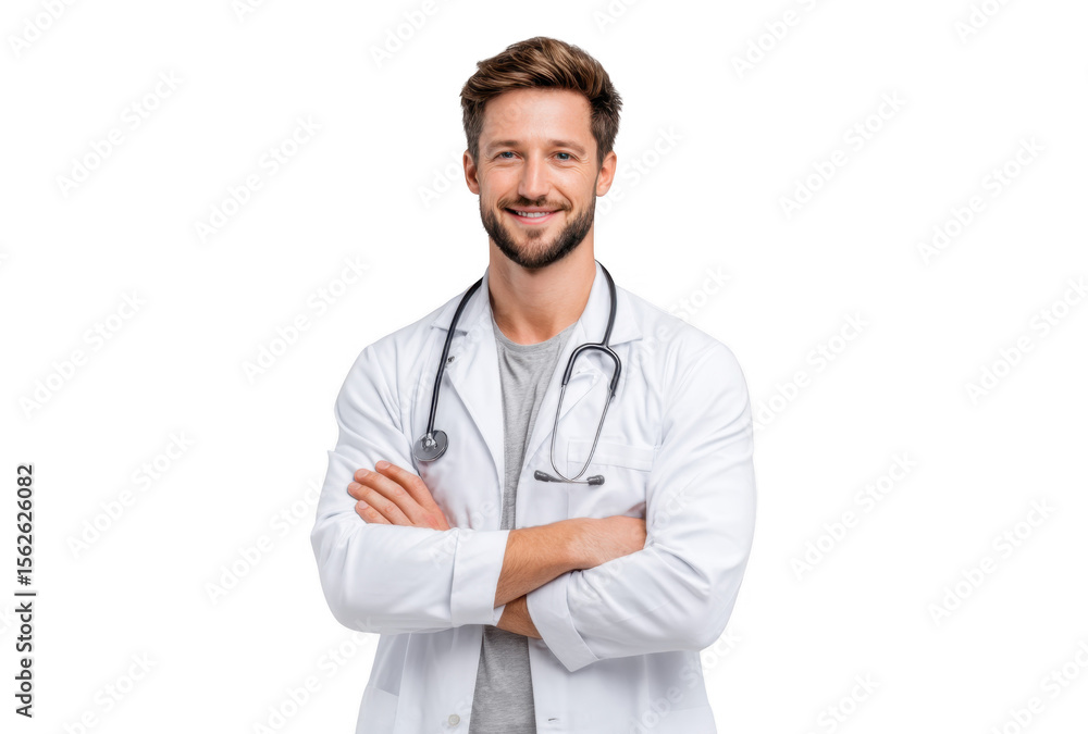 A confident male healthcare professional in a white lab coat smiles with arms crossed. showcasing a stethoscope around his neck. set against a neutral background. symbolizing trust and professionalism A confident male healthcare professional in a white lab coat smiles with arms crossed. showcasing a stethoscope around his neck. set against a neutral background. symbolizing trust and professionalism