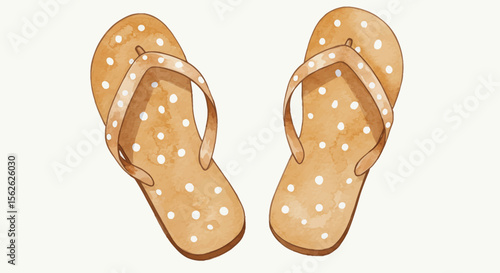 Watercolor illustration of polka dot flip flops on a textured white background