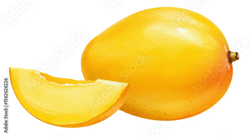 Watercolor Painting of a Ripe Mango with a Slice