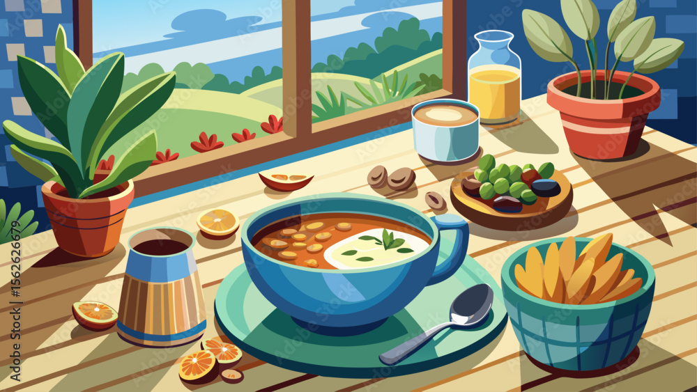 Fototapeta premium A peaceful sunroom breakfast table is set with oatmeal topped with almonds, brown sugar, and banana, a spoon resting nearby as a plant in a ceramic pot completes the calming scene.