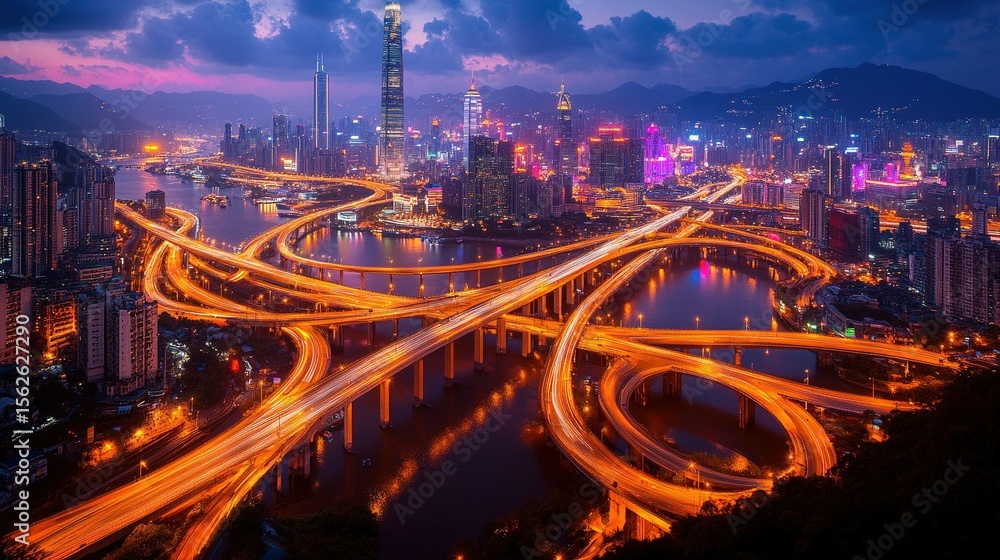 Naklejka premium A sprawling network of city highways at dusk.