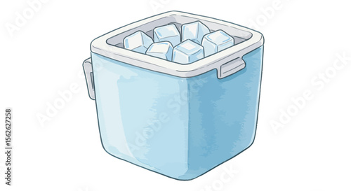 Watercolor illustration of a light blue cooler filled with ice cubes
