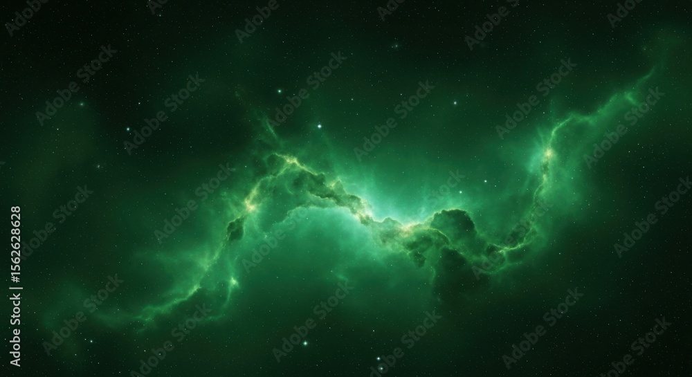 Obraz premium Vast cosmic nebula glowing with ethereal green light in deep space