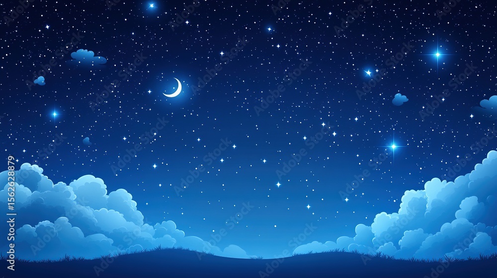 Naklejka premium A starry night sky with clouds and a crescent moon.