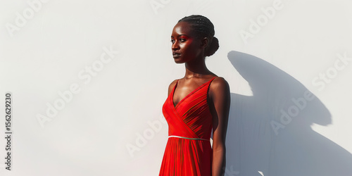 Woman in Red Pleated Maxi Dress Against White Wall