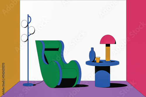 A geometric minimalist interior with bold colors, featuring modern furniture, vibrant walls, layered lighting, and playful shadows for depth and visual intrigue 