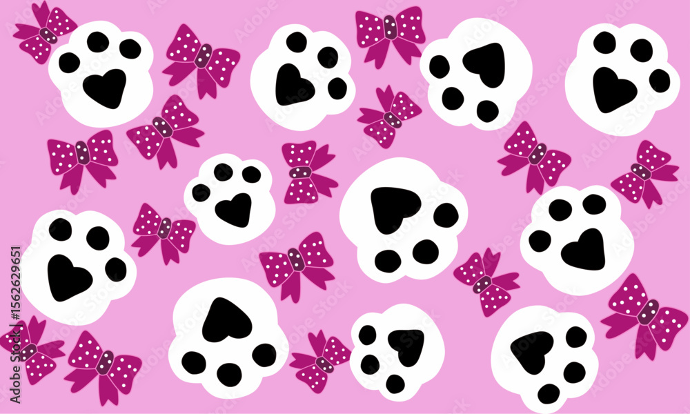 Cat paw vector seamless pattern with ribbon, whimsical design for fabric, wallpaper, and wrapping paper. Cute kittens and playful bows. Cat paw vector seamless pattern with ribbon, whimsical design for fabric, wallpaper, and wrapping paper. Cute kittens and playful bows.