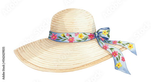 Watercolor straw hat with floral ribbon, summer fashion accessory illustration
